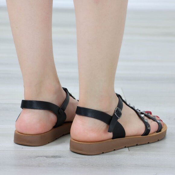 Black Metal Stud Trendy Comfy Flat Gladiator Sandal Slip On Sliders - Picture 11 of 12